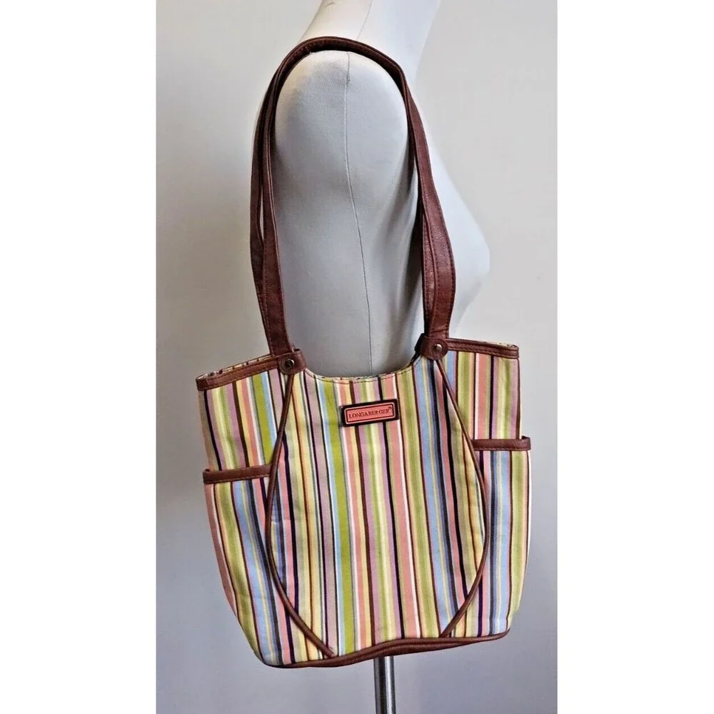 Longaberger Tote Bag Multicolor Stiped Brown Leather Handles and Bottom Pockets